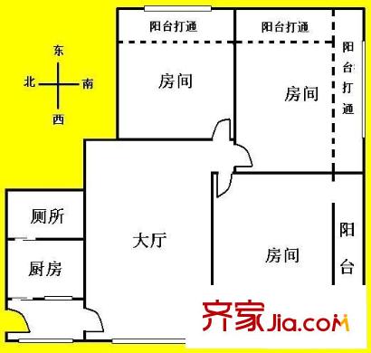 惠福西路大院户型图3室1厅户型图 3室1厅1卫1厨