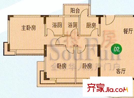 华荟南景园户型图3室2厅户型图 3室2厅2卫1厨