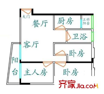 富力东堤湾户型图3室2厅户型图 3室2厅1卫1厨