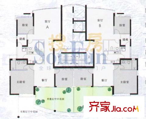 金碧华府户型图B3栋华丽家族户型 3室2厅2卫1厨