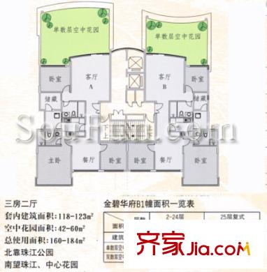 金碧华府户型图3室2厅1卫1厨