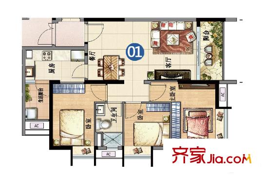 凯德・新平方米D3栋01单元户型图 3室2厅1卫1厨
