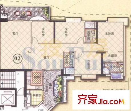 富力天河华庭户型图B栋 五房二厅 175.63平方米 户型图 5室2厅2卫1厨