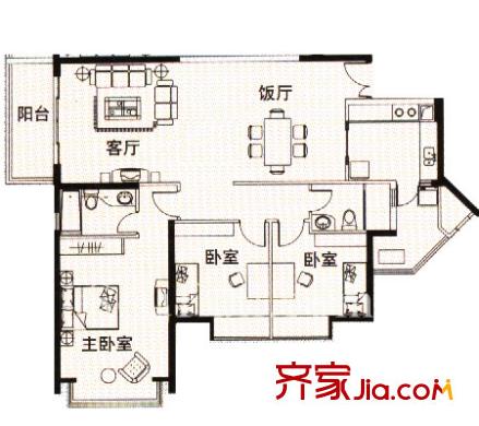 伊顿18户型图3室2厅户型图 3室2厅2卫1厨