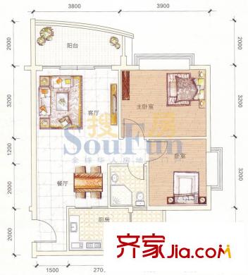 江源半岛花园B1、B2、B3栋3-17层05单位 2室2厅1卫1厨
