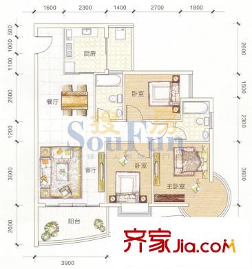 江源半岛花园B1、B2、B3栋3-17层01单位 3室2厅2卫1厨