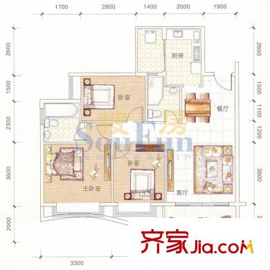 江源半岛花园B2、B3栋3-17层02单位 3室2厅2卫1厨