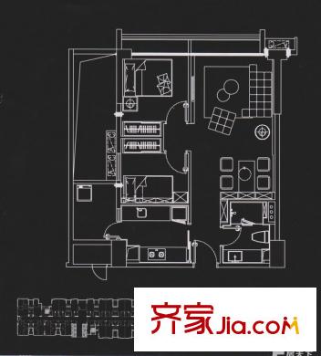 纵横国际公寓天伦之乐A户型 2室1厅1厨