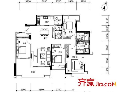 海伦堡流金岁月C户型 4室2厅3卫1厨