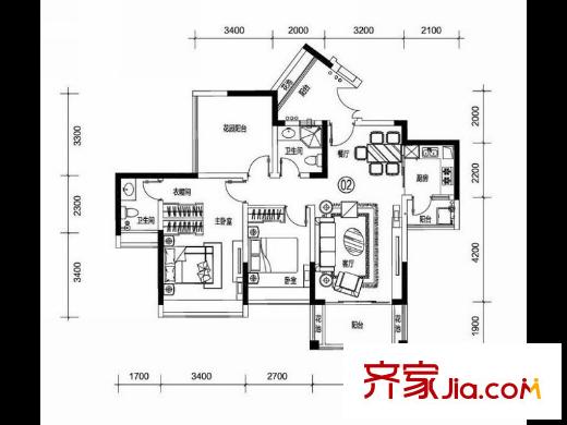 诺德名都金山湖1号-2座2梯02户 3室2厅2卫1厨