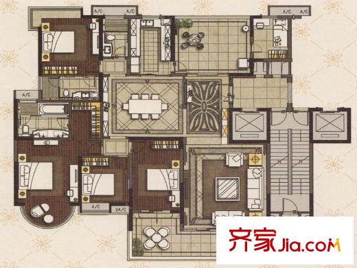 罗马家园龙禧E4、E5栋标准层02户型图 4室3厅3卫1厨