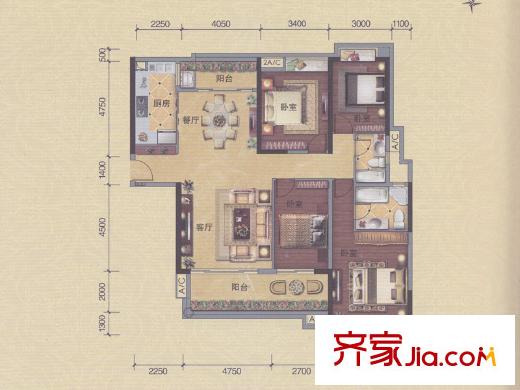 罗马家园威尼斯庭A7栋05户型 4室2厅2卫1厨