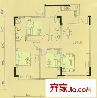 富雅都市华庭1期10栋202户型 3室2厅2卫1厨
