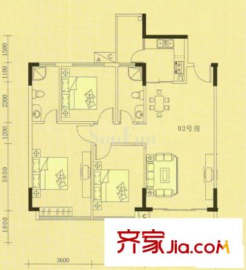 富雅都市华庭1期9栋202户型 3室2厅2卫1厨