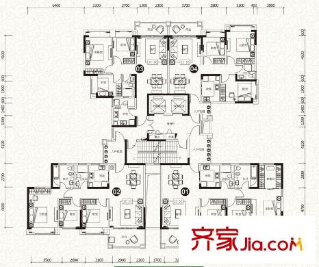 敏捷莱茵花园19座01+02+03+04单位户型图 3室2厅2卫