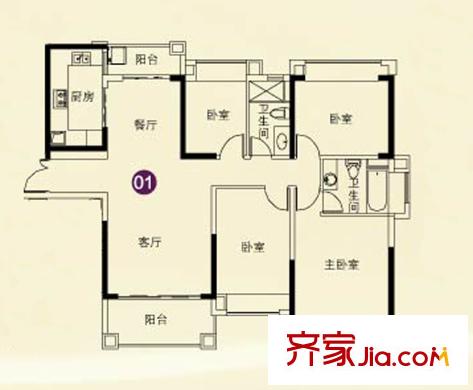 敏捷莱茵花园9座01单位 4室2厅2卫1厨