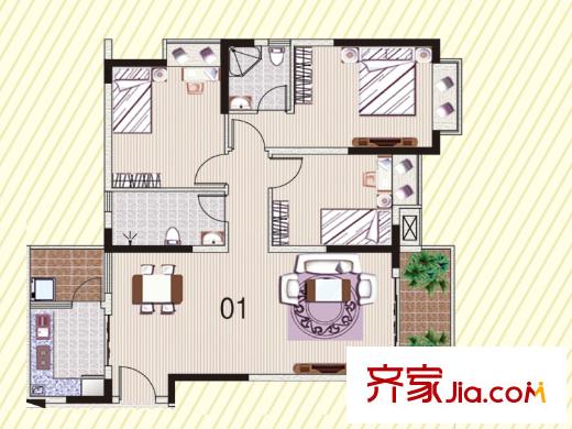 顺欣花园24栋标准层01户型 3室2厅2卫1厨