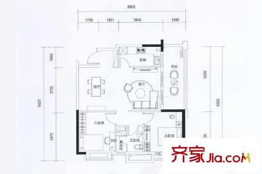 东怡新地3座08户型 2室2厅1卫1厨