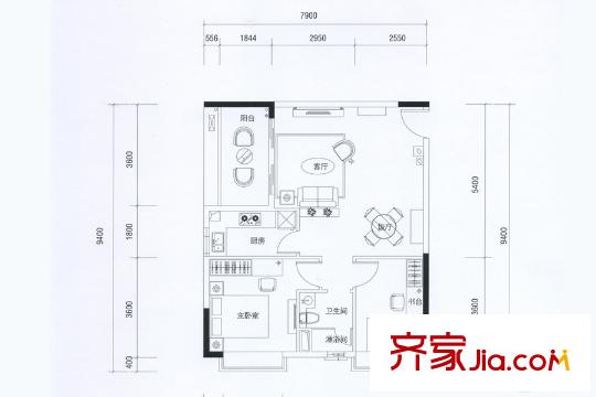 东怡新地3座01户型 2室2厅1卫1厨
