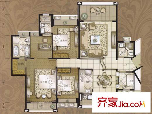东湖洲花园17、21、23座03、04单元D户型(2―17层) 4室2厅3卫1厨