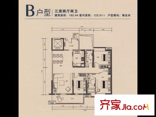 江山国际T1-T5栋 B户型 3室2厅2卫1厨