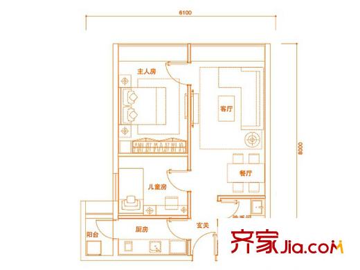 保利大都汇平层公寓C户型 2室1厅1卫1厨
