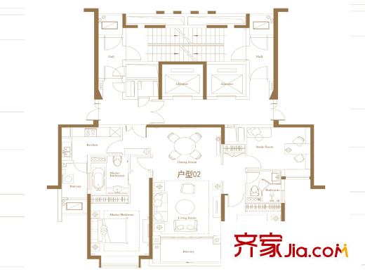 保利天悦21栋01户型图 3室2厅2卫1厨