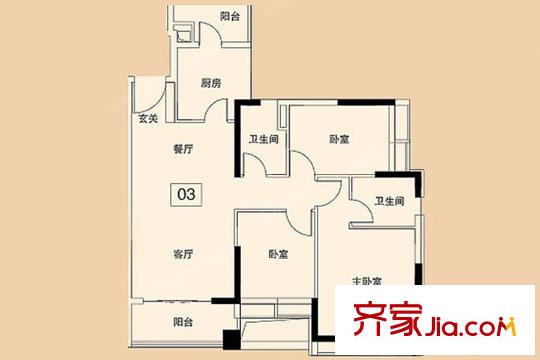 珠江嘉园3栋1梯03户型 3室2厅2卫1厨