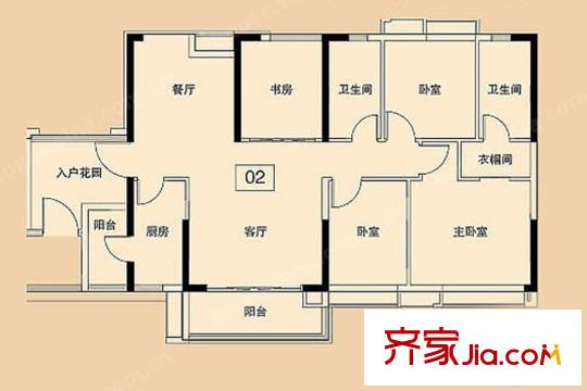 珠江嘉园3栋1梯02户型 4室2厅2卫1厨
