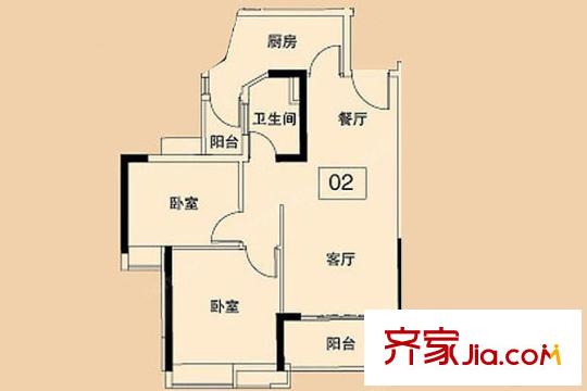 珠江嘉园12栋1梯02户型 2室2厅1卫1厨