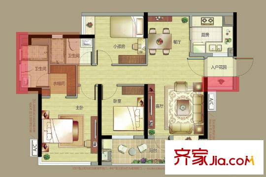 富力万科云启1栋0304单位户型图 3室2厅2卫1厨