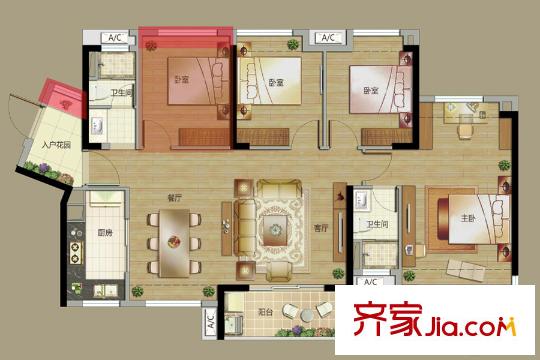 富力万科云启1栋05单元户型图 4室2厅2卫1厨