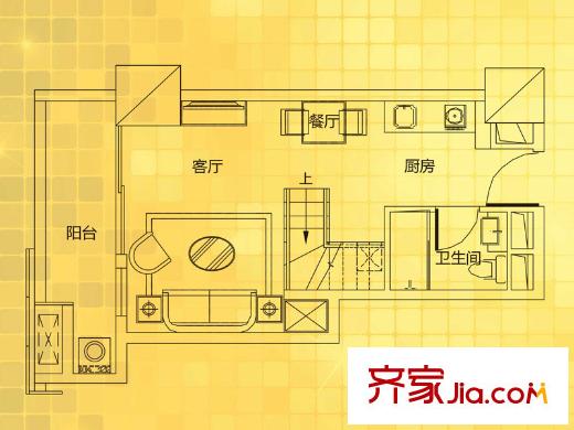 万科派B户型首层户型图 1室2厅1卫1厨