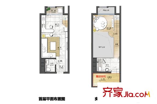 萝岗奥园广场H4栋B户型单身公寓 1室2厅2卫1厨