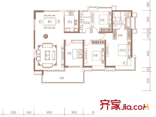 广州亚运城5座01单元191平4房2厅2卫 4室2厅2卫1厨