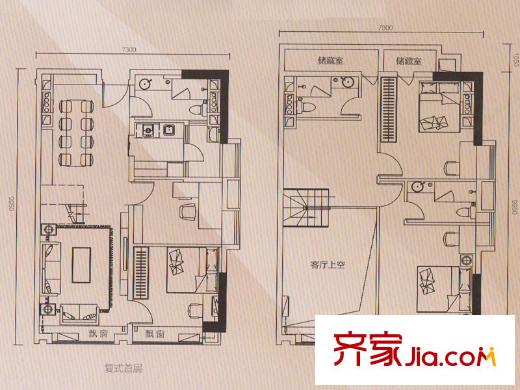 奥园城市天地soho一族loft户型图 3室2厅2卫1厨