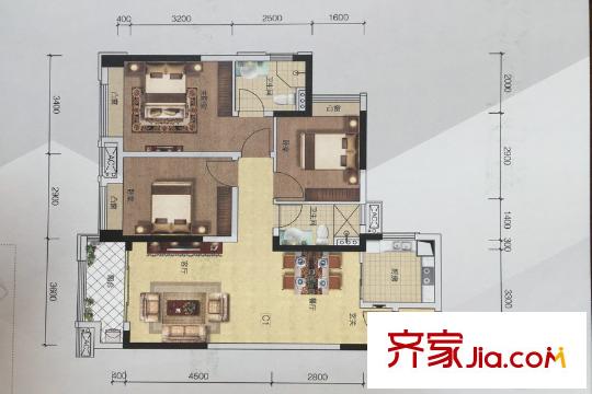 金地香山湖c户型三房两厅两卫 3室2厅2卫1厨