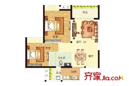中海誉城南苑A9-1栋标准层04单位 2室2厅1卫1厨