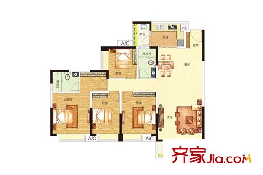 中海誉城北苑A3栋02、03、04单元户型图 4室2厅2卫1厨