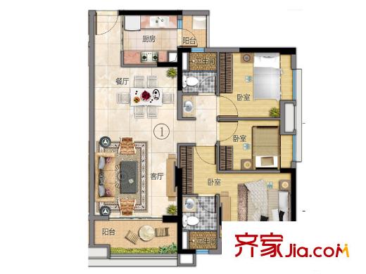 万科东荟城C11、12栋01户型 3室2厅2卫1厨