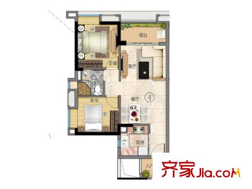 万科东荟城C11栋04户型 2室2厅1卫1厨