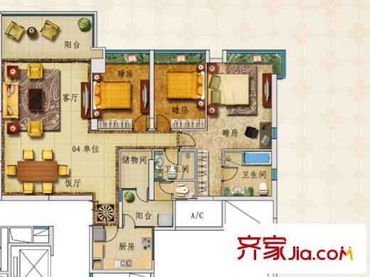 凯旋新世界T17栋04户型 3室2厅3卫1厨