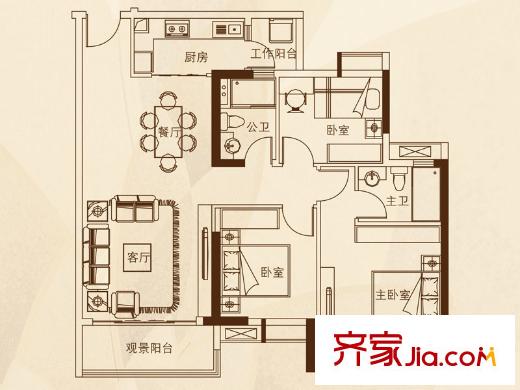 中鼎・君和名城3栋诚秀/5栋诚芳D户型 3室2厅2卫1厨