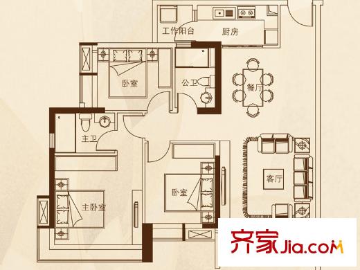 中鼎・君和名城1栋诚汇/2栋诚锦/6栋诚泽H户型 3室2厅2卫1厨