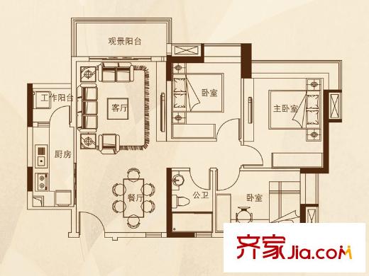 中鼎・君和名城4栋诚悦04单位G户型 3室2厅1卫1厨