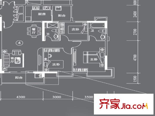 星云轩F栋04户型 3室2厅1卫1厨