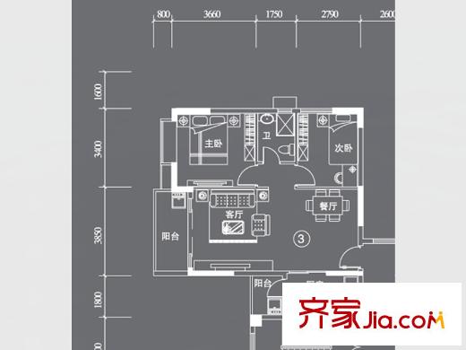 星云轩D栋03户型 2室2厅1卫1厨