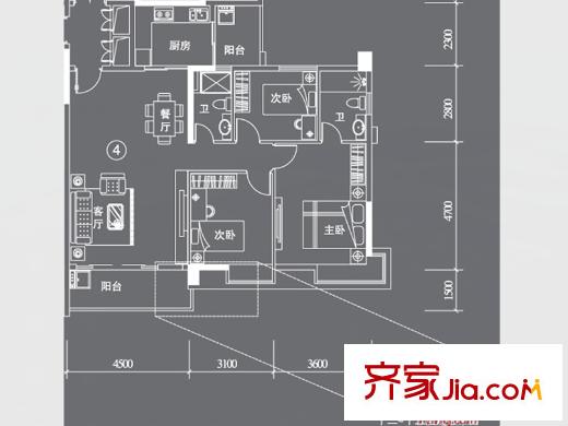 星云轩E栋04户型 3室2厅1卫1厨