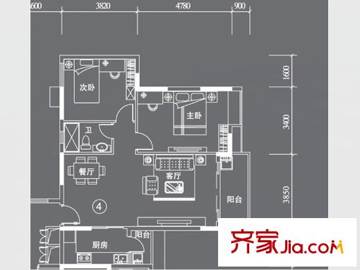 星云轩D栋04户型 2室2厅1卫1厨