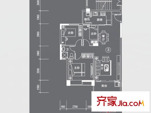 星云轩E栋03户型 3室2厅1卫1厨